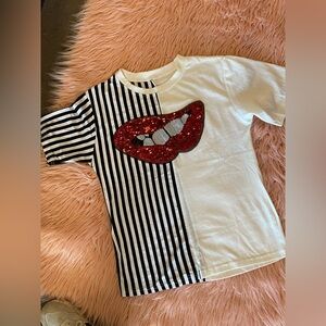 SHEIN Black and White Striped Tee with Red Sequin Lips